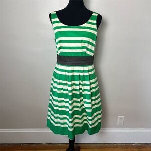 The Limited Green Ivory Stripe Sleeveless Belted Fit Flare Dress Size 10